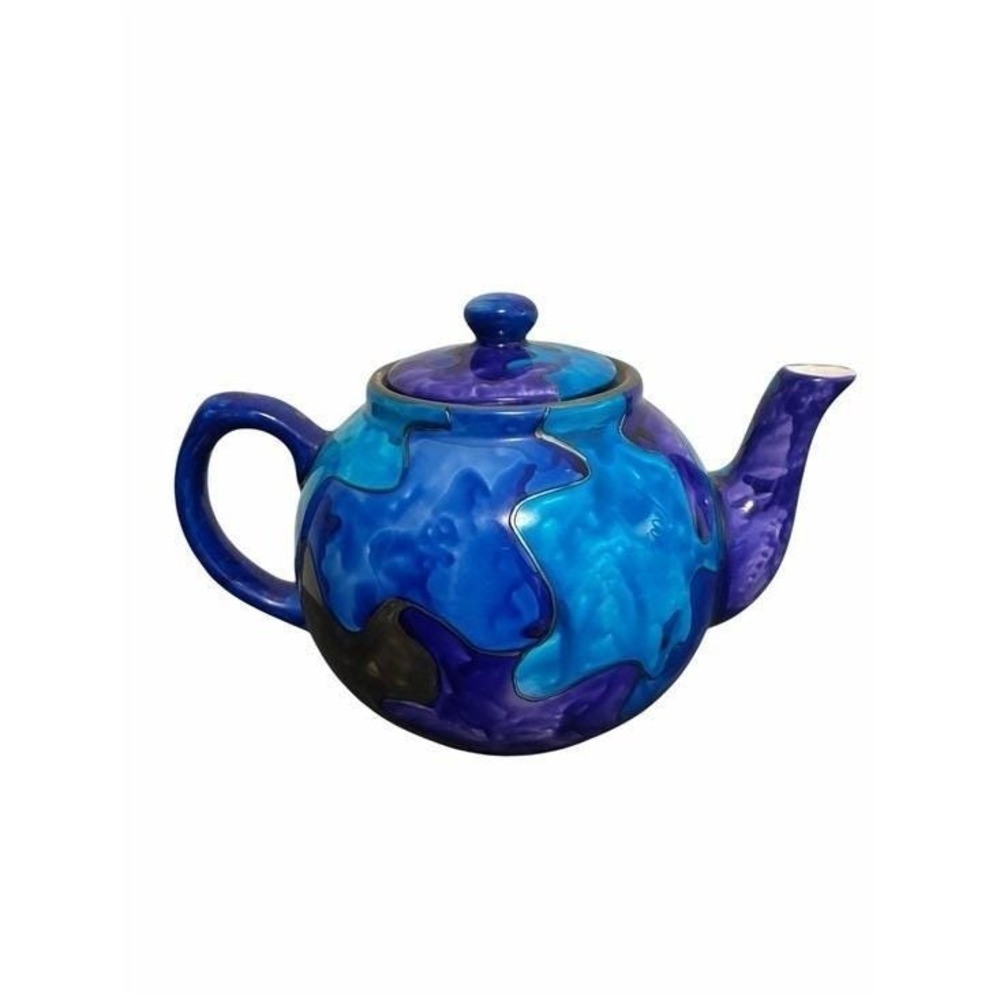 Julie Tougas Studio Pottery Teapot Abstract Blue Purple Silver Hand Painted